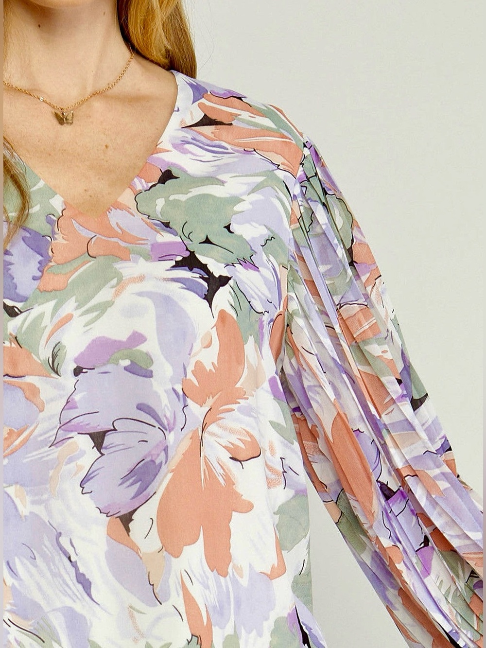 Entro Floral V-Neck Blouse Size L Pastel Lavender Peach Balloon Sleeve - Picture 8 of 16